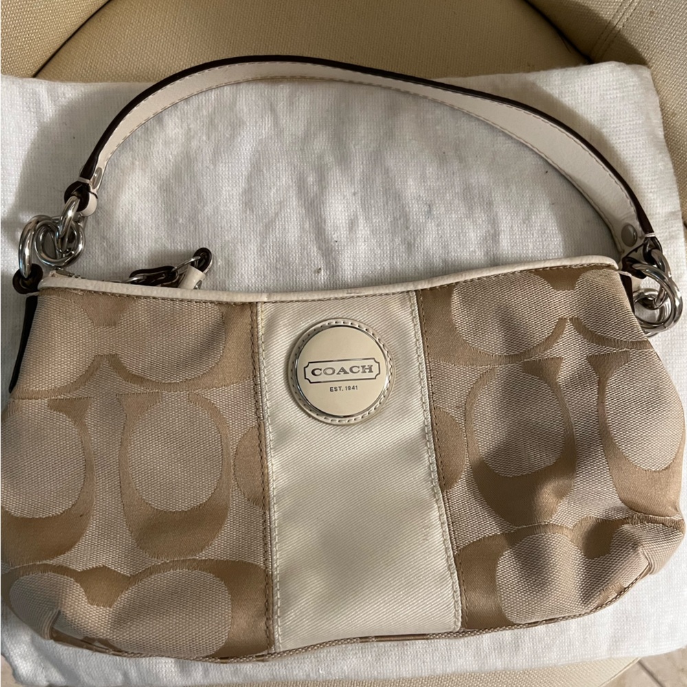 Beige, White and Brown Signature Coach Handbag
